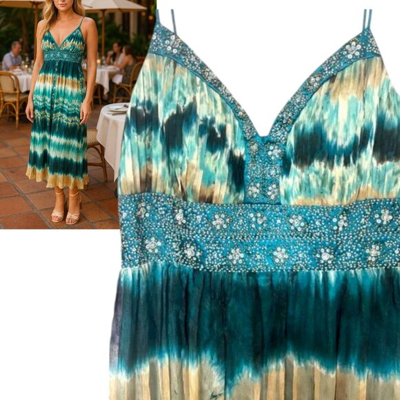 VTG. Y2K XSCAPE 100% SILK BEADED FLOWY MERMAID MAXI FORMAL DRESS SZ. 12 L NWOT - Picture 3 of 7